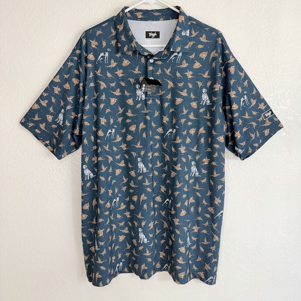 Waggle Bird Dog Polo Men 2XL Performance Golf Athleisure All Over Print NWT